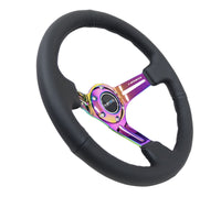 NRG Reinforced Steering Wheel (350mm / 3in. Deep) Blk Leather/Blk Stitch w/Neochrome Slits - My Store