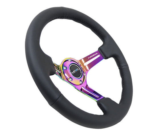 NRG Reinforced Steering Wheel (350mm / 3in. Deep) Blk Leather/Blk Stitch w/Neochrome Slits - My Store