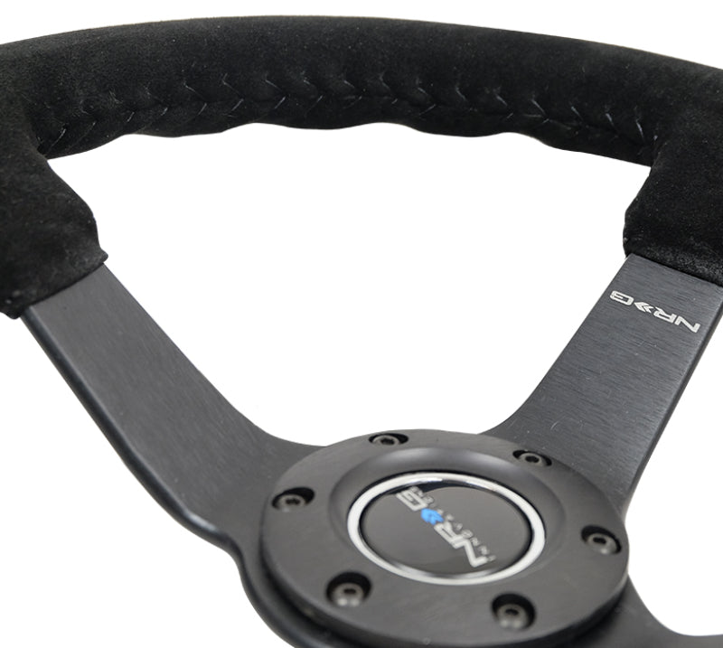 NRG Reinforced Steering Wheel (350mm / 3in. Deep) Blk Suede/Blk Bball Stitch w/5mm Matte Black Spoke - My Store