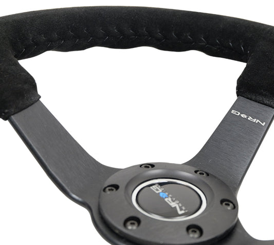 NRG Reinforced Steering Wheel (350mm / 3in. Deep) Blk Suede/Blk Bball Stitch w/5mm Matte Black Spoke - My Store