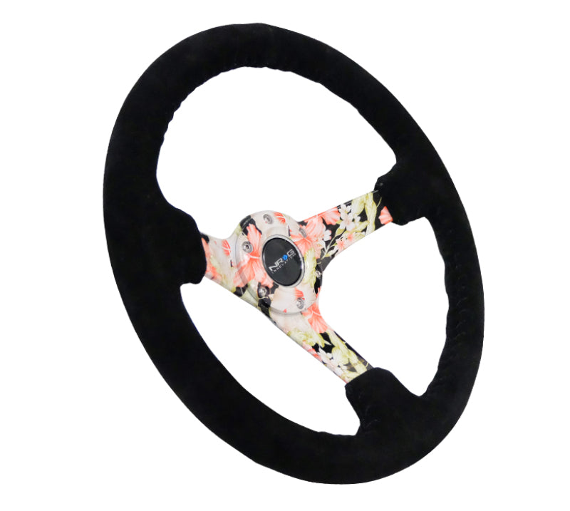 NRG Reinforced Steering Wheel (350mm / 3in. Deep) Blk Suede Floral Dipped w/ Blk Baseball Stitch - My Store