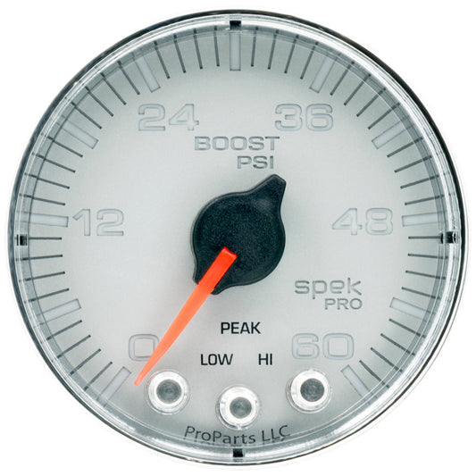 Autometer Spek-Pro Gauge Boost 2 1/16in 60psi Stepper Motor W/Peak & Warn Slvr/Chrm - My Store