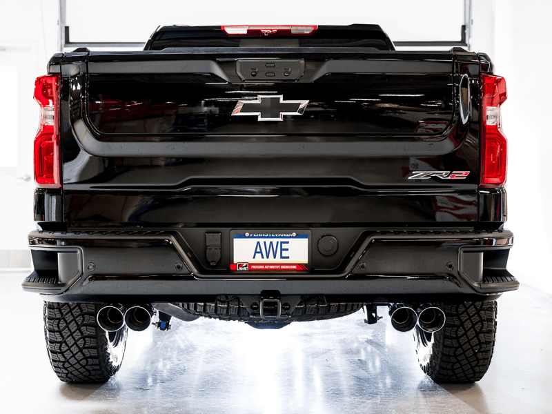 AWE Tuning 22-23 GMC Sierra 1500 AT4X 6.2L 0FG Catback Split Dual (Flat Bumper) - Chrome Silver Tips - My Store
