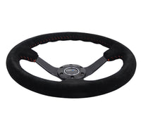NRG Reinforced Steering Wheel (350mm / 3in. Deep) Blk Suede/Red BBall Stitch w/5mm Matte Blk Spokes - My Store