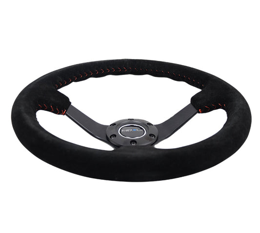 NRG Reinforced Steering Wheel (350mm / 3in. Deep) Blk Suede/Red BBall Stitch w/5mm Matte Blk Spokes - My Store