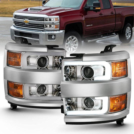 ANZO 2015-2016 Chevrolet Silverado Projector Headlights w/ Plank Style Design Chrome w/ Amber - My Store