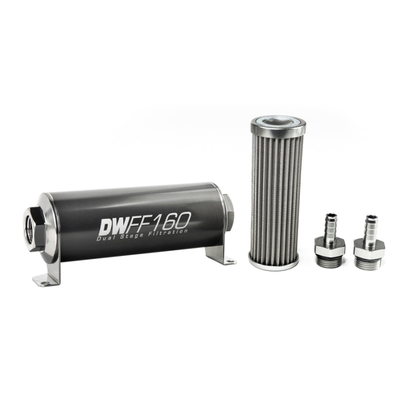 DeatschWerks Stainless Steel 3/8in 100 Micron Universal Inline Fuel Filter Housing Kit (160mm) - Mammoth Racing -