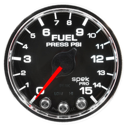 Autometer Spek-Pro Gauge Fuel Press 2 1/16in 15psi Stepper Motor W/Peak & Warn Blk/Chrm - My Store