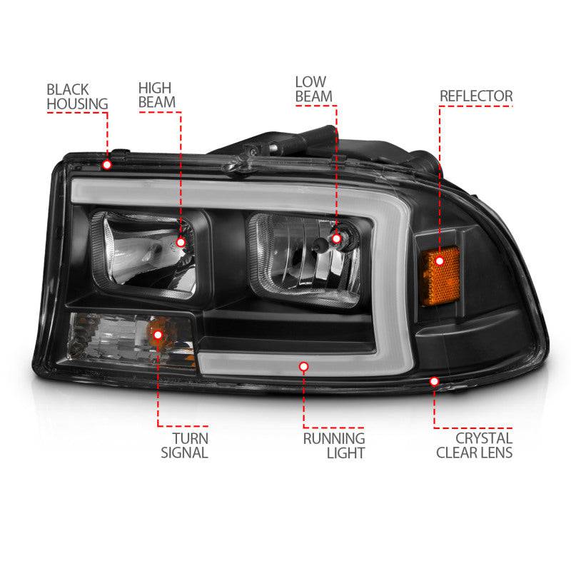 ANZO 97-04 Dodge Dakota/Durango Crystal headlight Set w/ Light Bar Black Housing - My Store