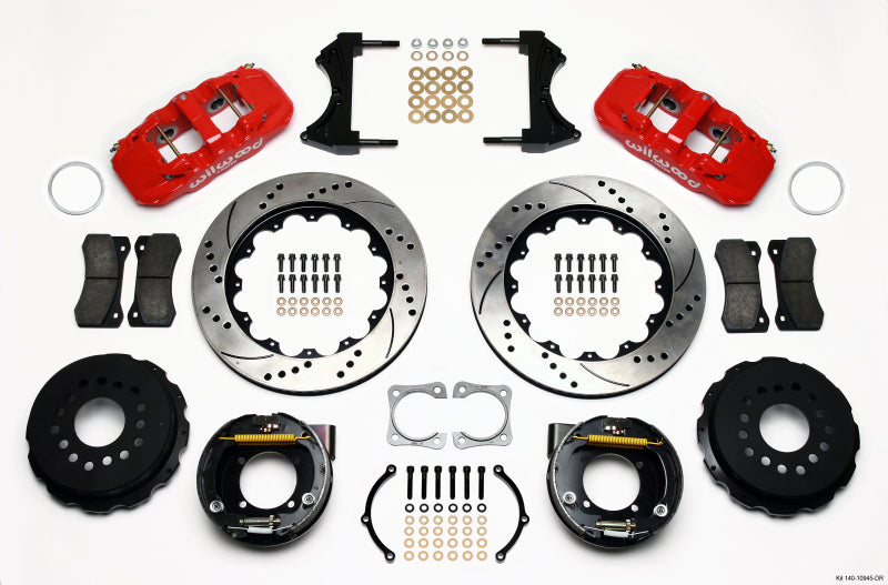 Wilwood Aero4 Rear P-Brake Kit 14.00in Drilled Red Chevy 12 Bolt-Spec 3.15in Brng - Mammoth Racing -