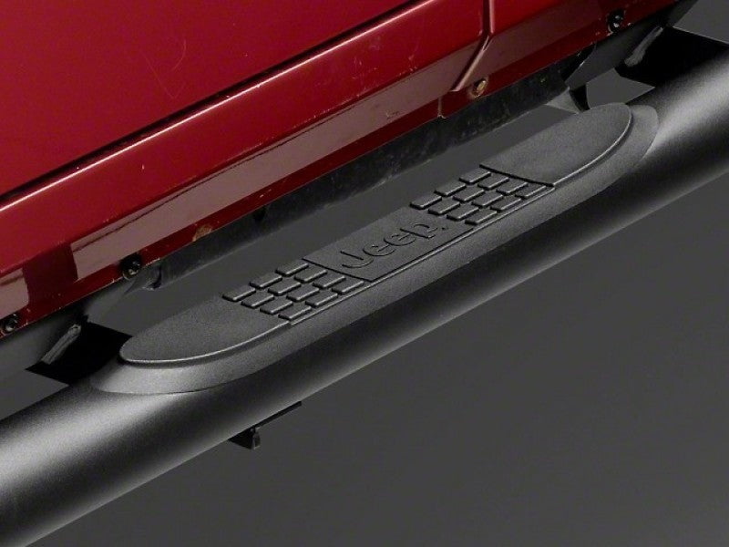 Officially Licensed Jeep 07-18 Jeep Wrangler JK 2Door 3Inch Round Curved Side Step Bars w/ Jeep Logo - Mammoth Racing -