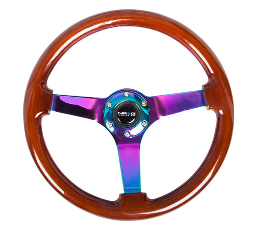 NRG Reinforced Steering Wheel (350mm / 3in. Deep) Classic Dark Wood w/4mm Neochrome Solid 3-Spoke - My Store