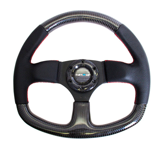 NRG Carbon Fiber Steering Wheel (320mm) Flat Bottom & Leather Trim w/Red Stitching - My Store