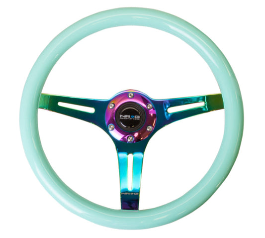 NRG Classic Wood Grain Steering Wheel (350mm) Minty Fresh Color w/Neochrome 3-Spoke Center - My Store