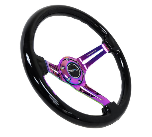 NRG Reinforced Steering Wheel (350mm / 3in. Deep) Blk Wood w/Blk Matte Spoke/Neochrome Center Mark - My Store