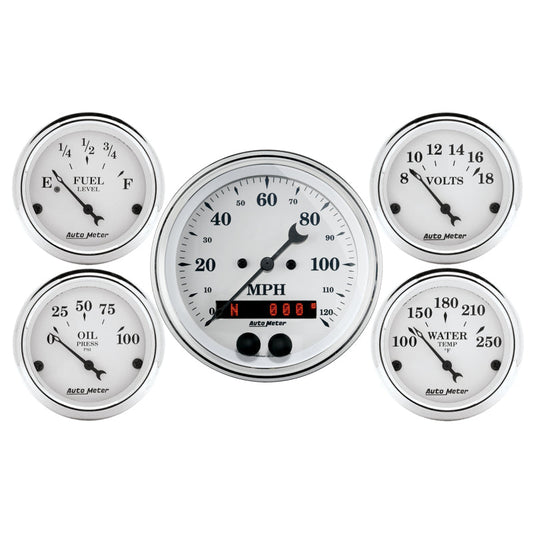Auto Meter Speedometer 3-3/8in and 2-1/16in 5 Piece Old Tyme White Gauge Kit - My Store