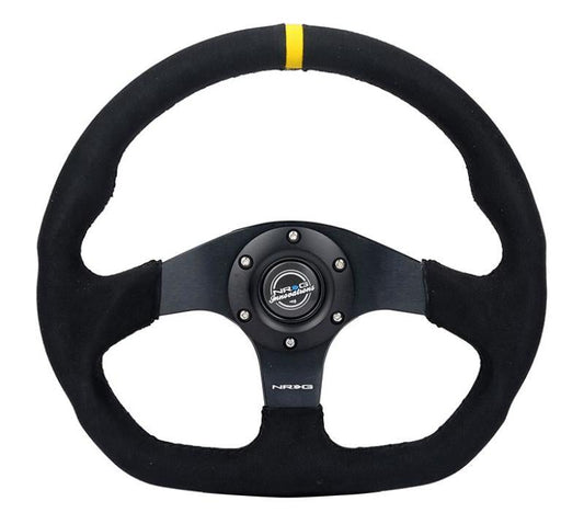 NRG Reinforced Steering Wheel (320mm) Sport Alcantara Dual Push Buttons Flat Bottom w/Yellow Center - My Store
