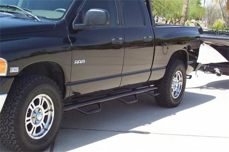 N-Fab Nerf Step 02-08 Dodge Ram 1500/2500/3500 Quad Cab 6.4ft Bed - Gloss Black - Bed Access - 3in - Mammoth Racing -
