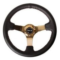 NRG Reinforced Steering Wheel (3in Deep / 4mm) 350mm Blk Leather w/Red BBall Stitch & Gold Spoke - My Store