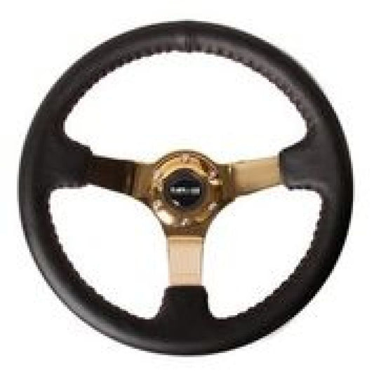 NRG Reinforced Steering Wheel (3in Deep / 4mm) 350mm Blk Leather w/Red BBall Stitch & Gold Spoke - My Store