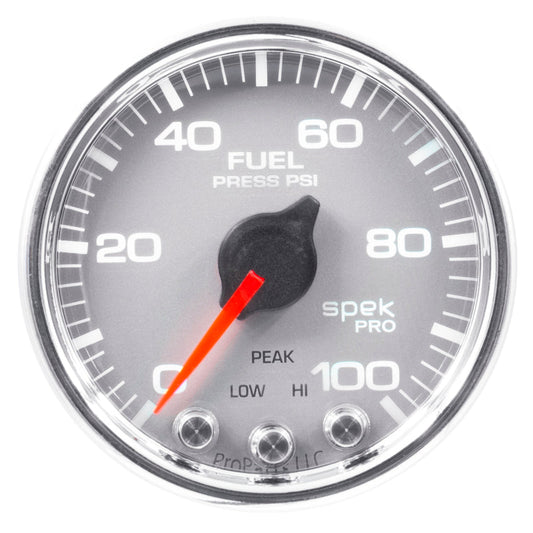 Autometer Spek-Pro Gauge Fuel Press 2 1/16in 100psi Stepper Motor W/Peak & Warn Slvr/Chrm - My Store
