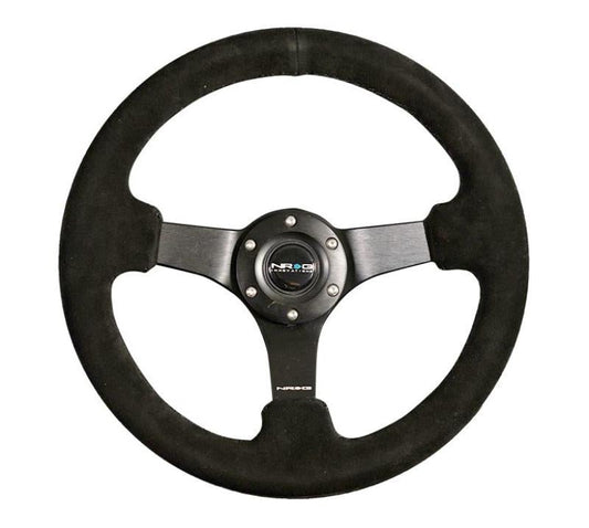 NRG Reinforced Steering Wheel (330mm / 3in Deep) Blk Suede w/Criss Cross Stitch w/Blk 3-Spoke Center - My Store