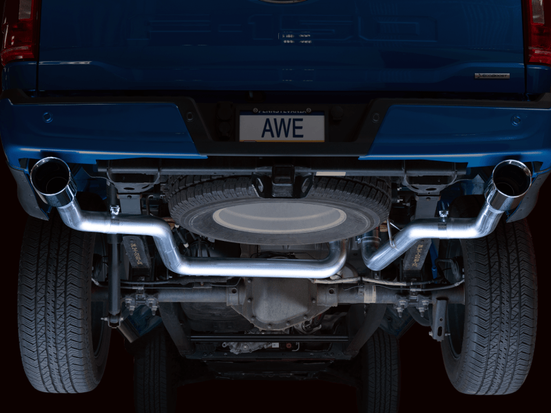 AWE 0FG 21+ Ford F150 Dual Split Rear Exhaust - 5in Chrome Silver Tips - My Store