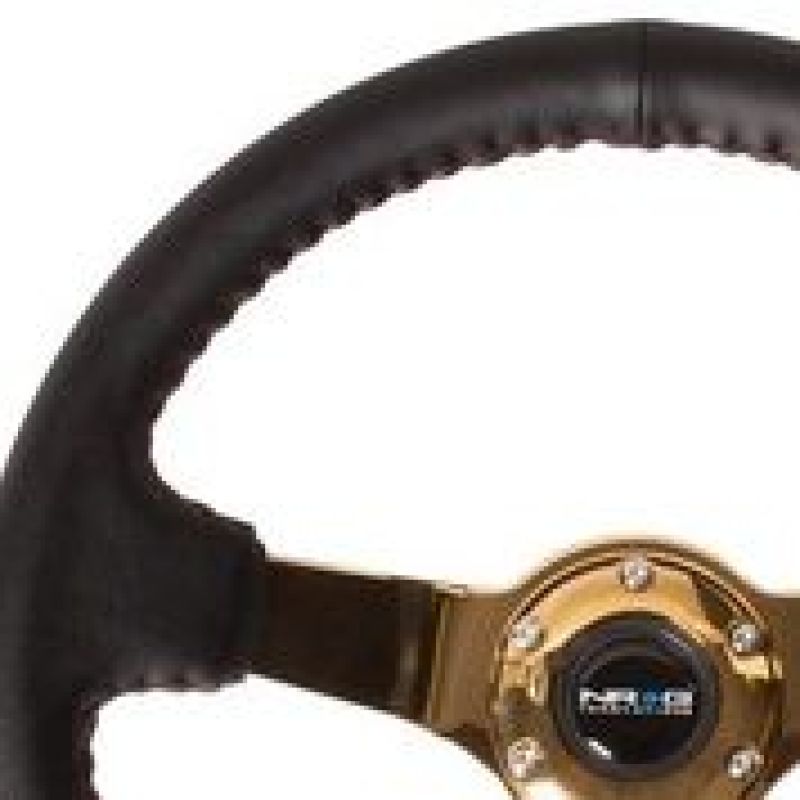 NRG Reinforced Steering Wheel (3in Deep / 4mm) 350mm Blk Leather w/Red BBall Stitch & Gold Spoke - My Store