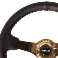 NRG Reinforced Steering Wheel (3in Deep / 4mm) 350mm Blk Leather w/Red BBall Stitch & Gold Spoke - My Store