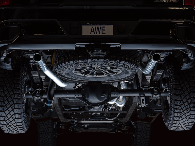 AWE Tuning 22-23 GMC Sierra 1500 AT4X 6.2L 0FG Catback Split Dual (Flat Bumper) - Bashguard(No Tips) - Mammoth Racing -