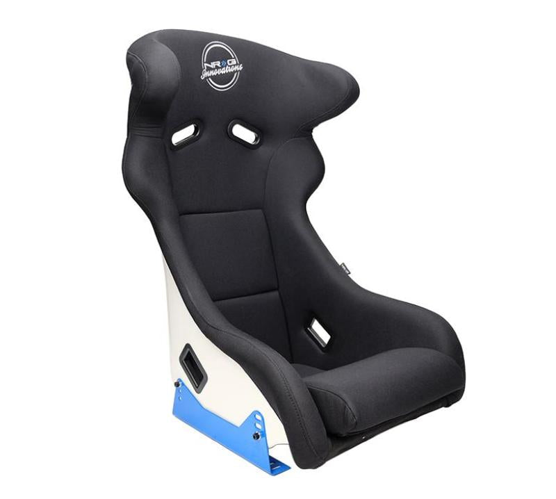 NRG FRP Bucket Seat - White Finish with Arrow Embroidery And Blue Side Mount Bracket - My Store