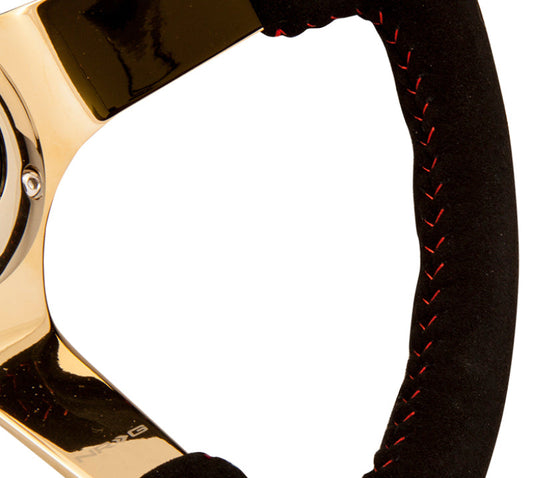 NRG Reinforced Steering Wheel (350mm / 3in. Deep) Blk Suede w/Red BBall Stitch & Chrome Gold 3-Spoke - My Store