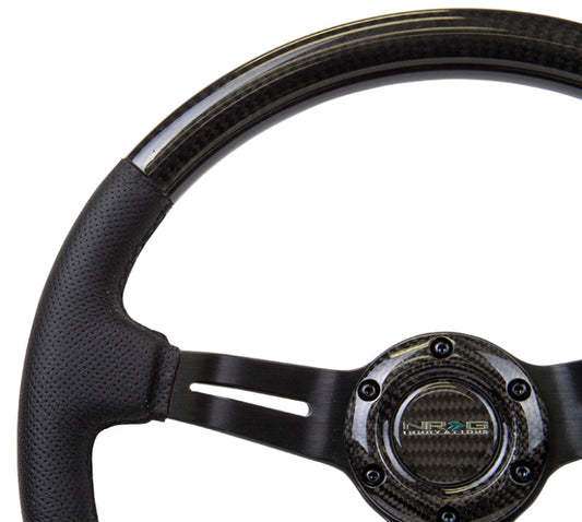NRG Carbon Fiber Steering Wheel (350mm / 1.5in. Deep) Leather Trim w/Blk Stitch & Slit Cutout Spokes - My Store