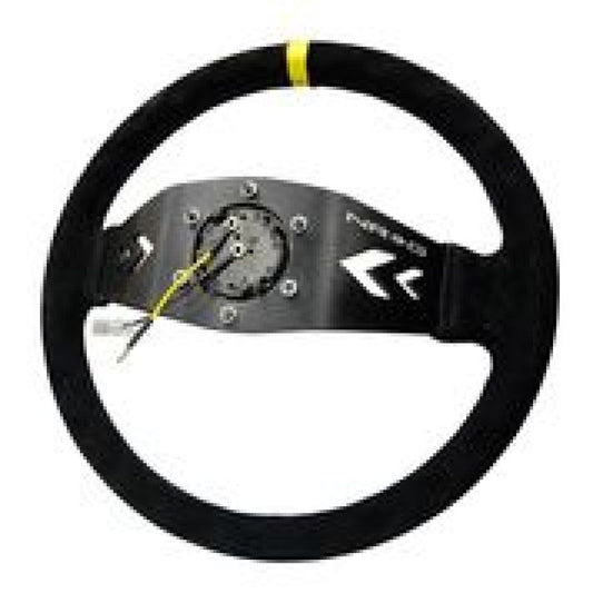 NRG Reinforced Steering Wheel (350mm / 3in. Deep) Blk Suede w/NRG Arrow Cut 2-Spoke & Yellow Mark - My Store