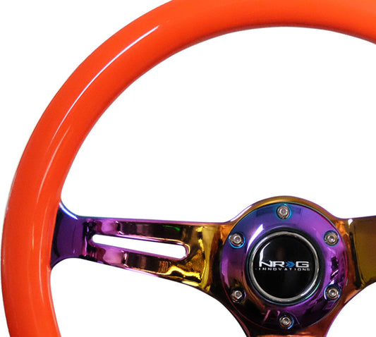 NRG Classic Wood Grain Steering Wheel (350mm) Neon Orange Color w/Neochrome Spokes - My Store