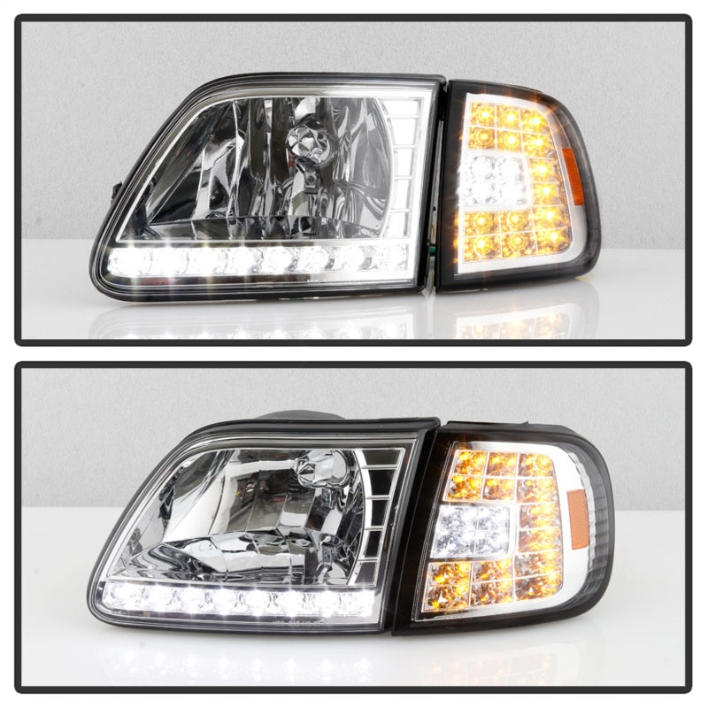 Xtune Ford F150 97-03 Crystal Headlights w/ Clear LED Corners Chrome HD-ON-FF15097-LED-SET-C - Mammoth Racing -