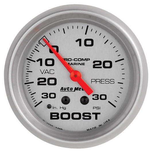 AutoMeter Marine Vac/Boost Gauge 2 5/8in  30inhg 30psi Mechanical- Silver - My Store