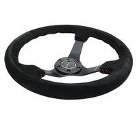 NRG Reinforced Steering Wheel (350mm / 3in. Deep) Blk Suede/Red BBall Stitch w/5mm Matte Blk Spokes - My Store