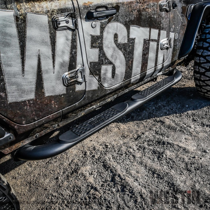 Westin 18-22 Jeep Wrangler JLU 4dr Platinum 4 Oval Nerf Step Bars - Tex. Blk - Mammoth Racing -