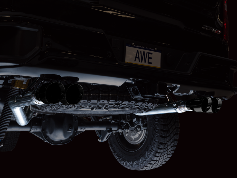 AWE Tuning 22-23 GMC Sierra 1500 AT4X 6.2L 0FG Catback Split Dual (Flat Bumper) - Diamond Black Tips - Mammoth Racing -