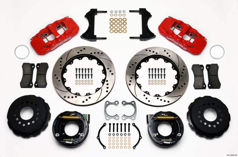 Wilwood Aero4 Rear P-Brake Kit 14.00in Drilled Red Small Ford 2.50in Offset - Mammoth Racing -