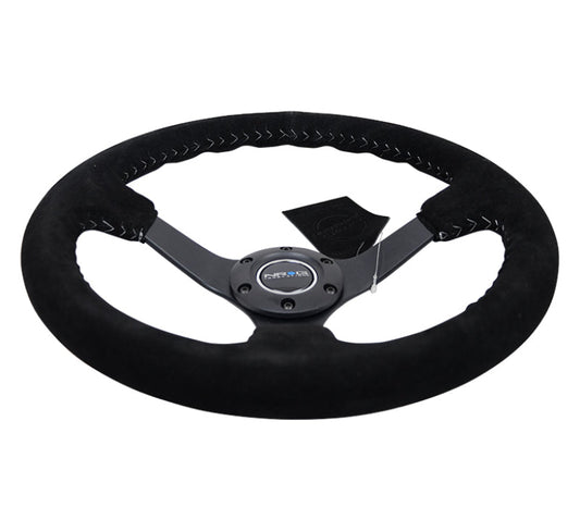 NRG Reinforced Steering Wheel (350mm / 3in. Deep) Blk Suede/Silver BBall Stitch w/5mm Mt. Blk Spokes - My Store