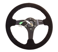 NRG Reinforced Steering Wheel (350mm / 3in. Deep) Blk Suede w/Blk BBall Stitch (Odi Bakchis Edition) - My Store