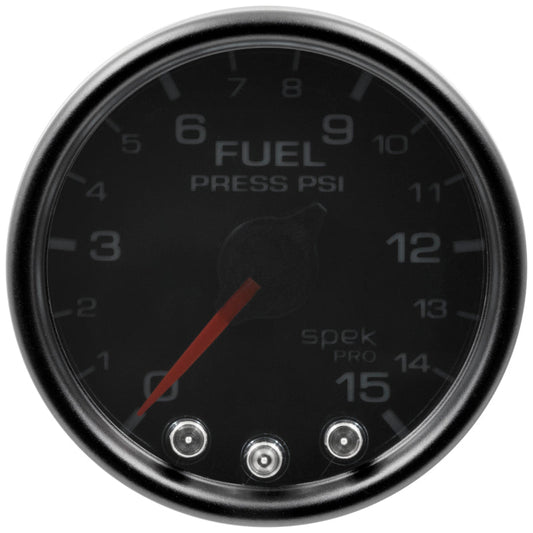 Autometer Spek-Pro Gauge Fuel Press 2 1/16in 15psi Stepper Motor W/Peak & Warn Blk/Smoke/Blk - My Store