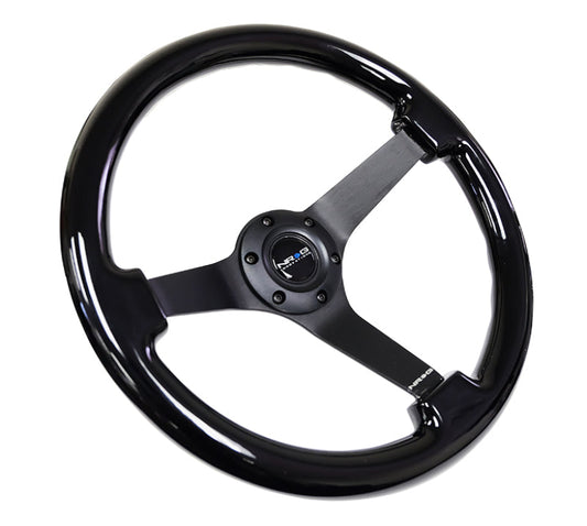 NRG Reinforced Steering Wheel (350mm / 3in. Deep) Black w/Black Chrome Solid 3-Spoke Center - My Store