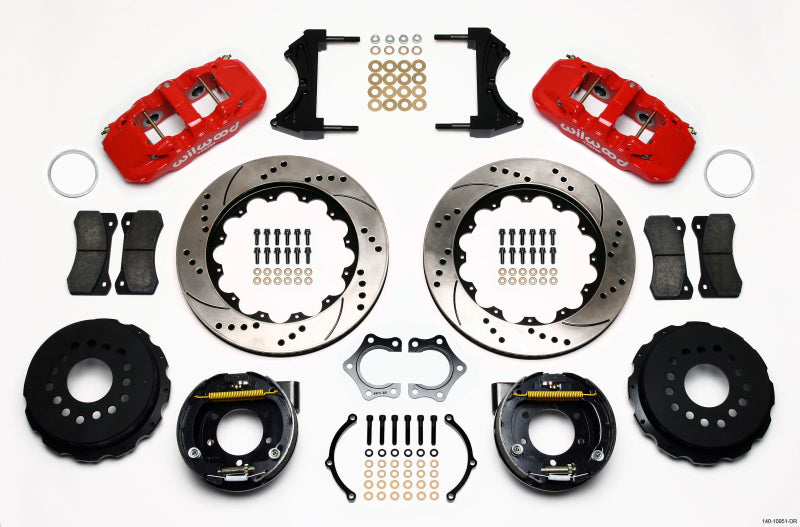 Wilwood Aero4 Rear P-Brake Kit 14.00in Drill Red Mopar/Dana 2.36in Off w/Snap Ring Brng - Mammoth Racing -