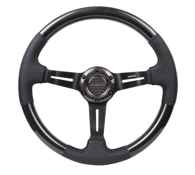 NRG Carbon Fiber Steering Wheel (350mm / 1.5in. Deep) Leather Trim w/Blk Stitch & Slit Cutout Spokes - My Store