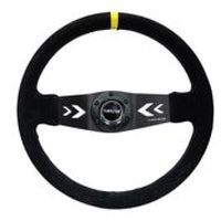 NRG Reinforced Steering Wheel (350mm / 3in. Deep) Blk Suede w/NRG Arrow Cut 2-Spoke & Yellow Mark - My Store