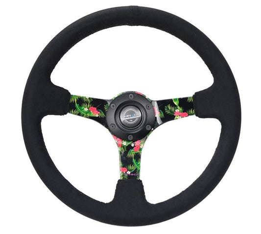 NRG Reinforced Steering Wheel (350mm / 3in. Deep) Black Suede w/ 5mm Floral 3-Spoke Center - My Store