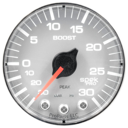 Autometer Spek-Pro Gauge Vac/Boost 2 1/16in 30Inhg-30psi Stepper Motor W/Peak & WarnSilver/Chrome - My Store